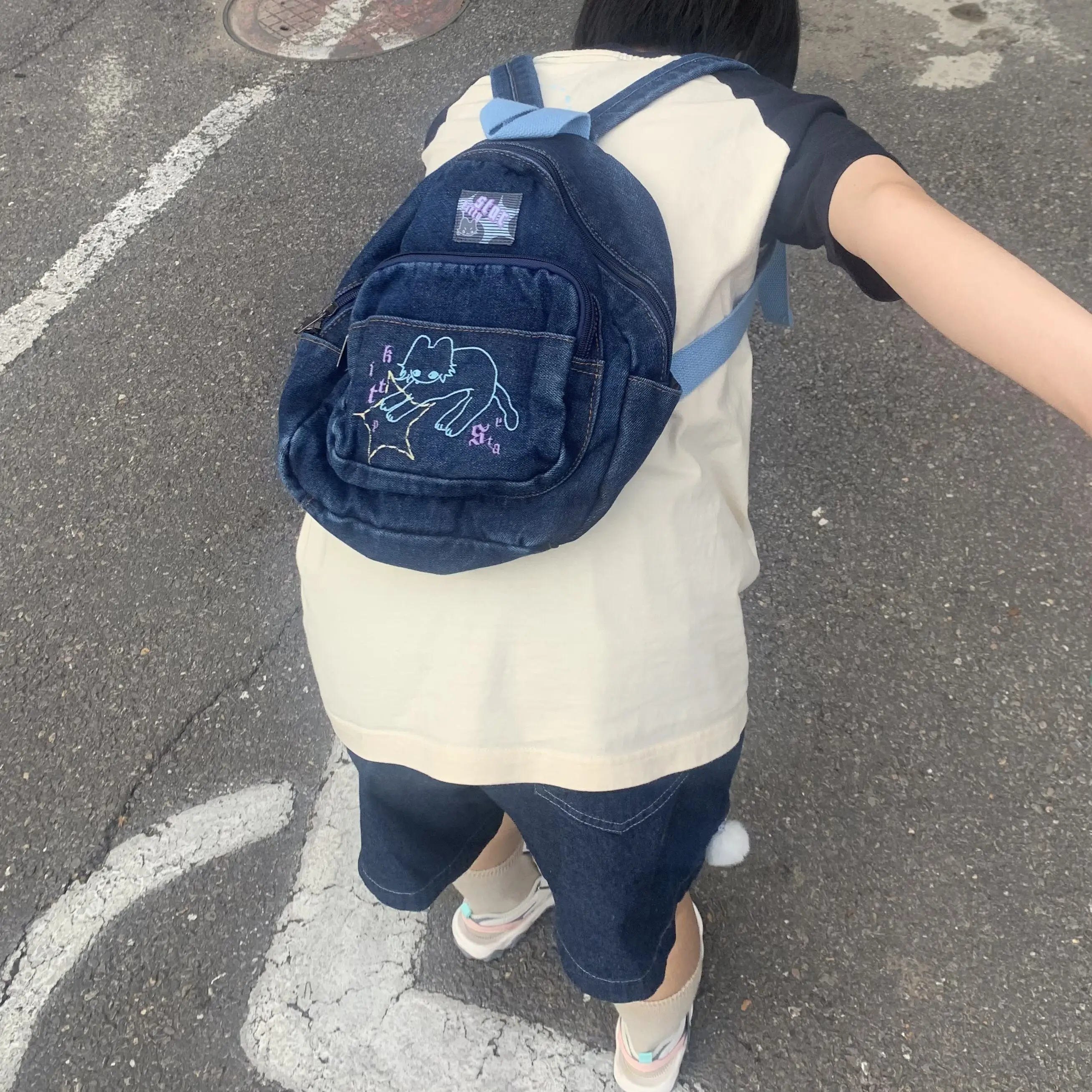 JIAERDI Harajuku Denim Backpacks Women Vintage Cat Embroidery Chic Casual Y2k Backpack Female Retro Mini Cute Mochila Aesthetic