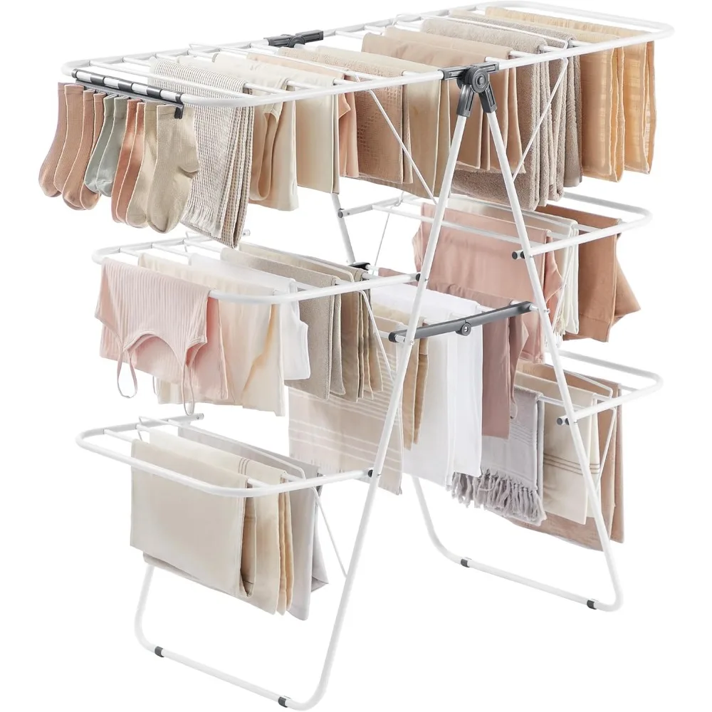 Clothes Drying Rack, Foldable 3-Level Laundry Rack, Free-Standing Large Drying Rack, with Height-Adjustable Wings, 39 D