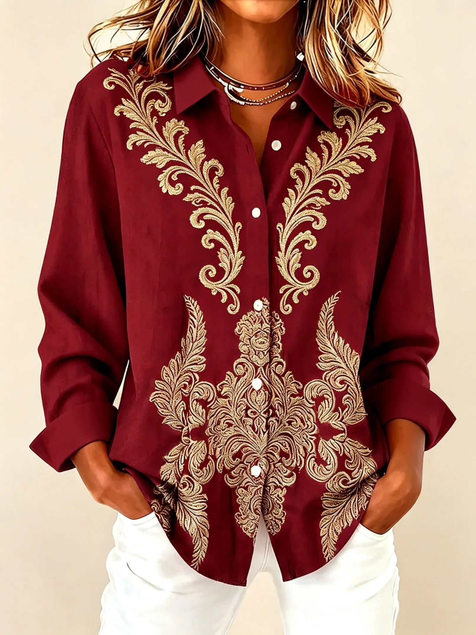

Women's Lapel Long Sleeve Gold Embroidery Button-Up Shirt, Elegant Casual Tops for Spring Summer Daily & Party Wear