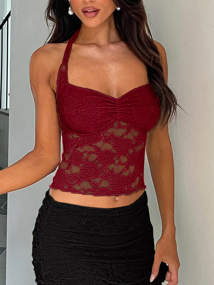 Spring/Summer 2026 New Arrival Women's Y2K Style Sleeveless Lace-Trimmed Fitted T-Shirt Lace-Tie Plain-Colour Tank Top