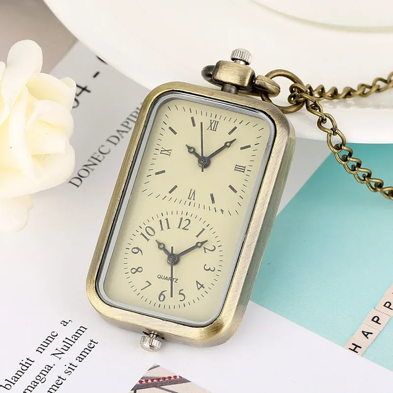 Bronze Rectangle Shape Dual Time Zone Pocket Watch Arabic Roman Number Display Quartz Movement Men Women Sweater Necklace Chain