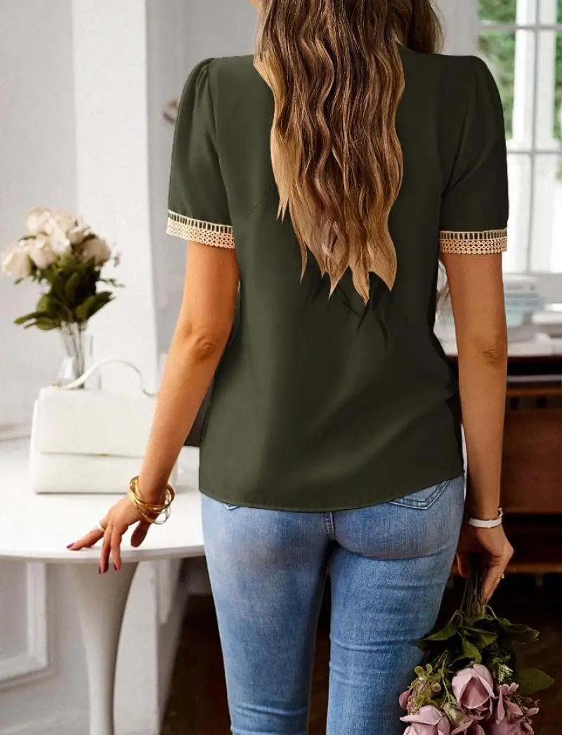 Elegant Women's Top Summer Minimalist O-Neck Lace Contrast Solid Color Short Sleeve Top Loose Basic Casual Elegant Women's Shirt