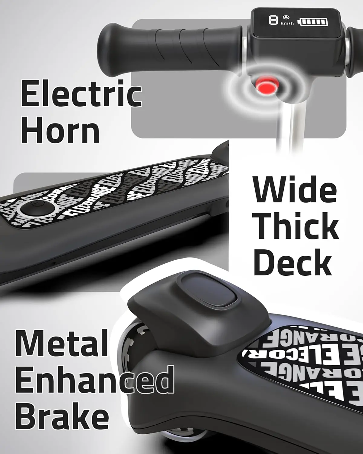 Elecorange T200/T500 Balance Scooter électrique pour enfants de 4 à 9 ans, 2 types de roues avant, klaxon électrique, éclairage complet du corps, large D