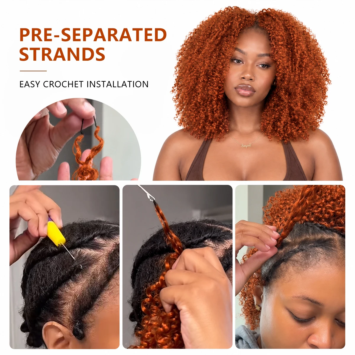 Ginger Copper Afro Curly Crochet Hair Human Hair Extensions Miracle Knots Feather Pre Separated Knotless Braids For Black Women view 5