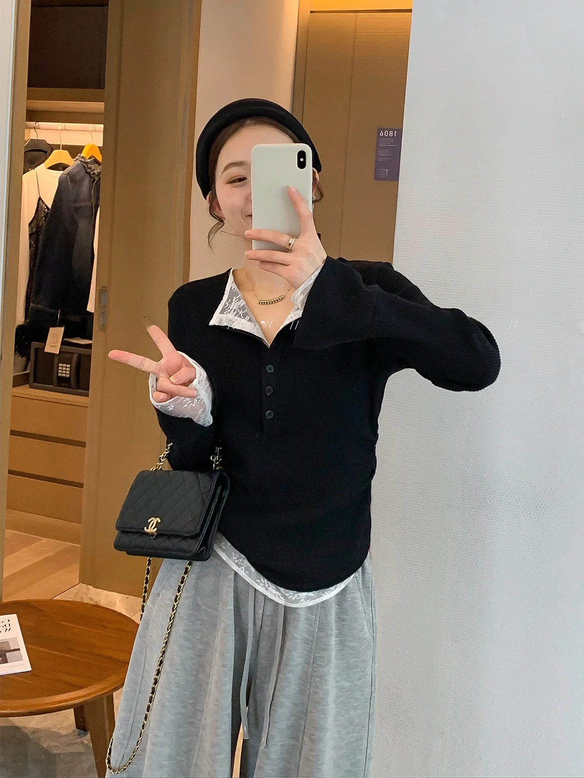 

Love Devil Fi Women's Knitted Lace Splice Long Sve f Collar Spring 2026 Faion Top Korean Sle Commute Wind Regular...