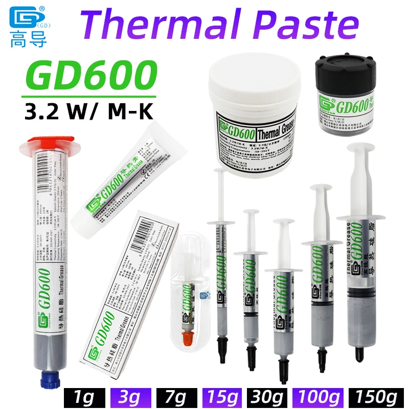 

GD600 Thermal Conductive Grease Paste Plaster Heat Sink Compound Net Weight 1/3/7/15/30/100/150 Grams Grey for CPU SSY ST CN HT