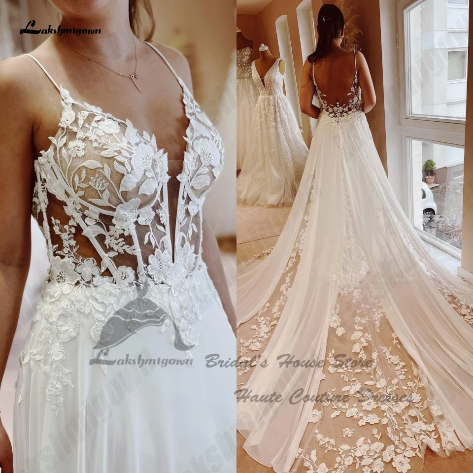 Lakshmigown Sexy Chiffon Bohemian Wedding Dress 2023 Corset Lace Appliques Beach Bridal Gowns V Neck Spaghetti Straps