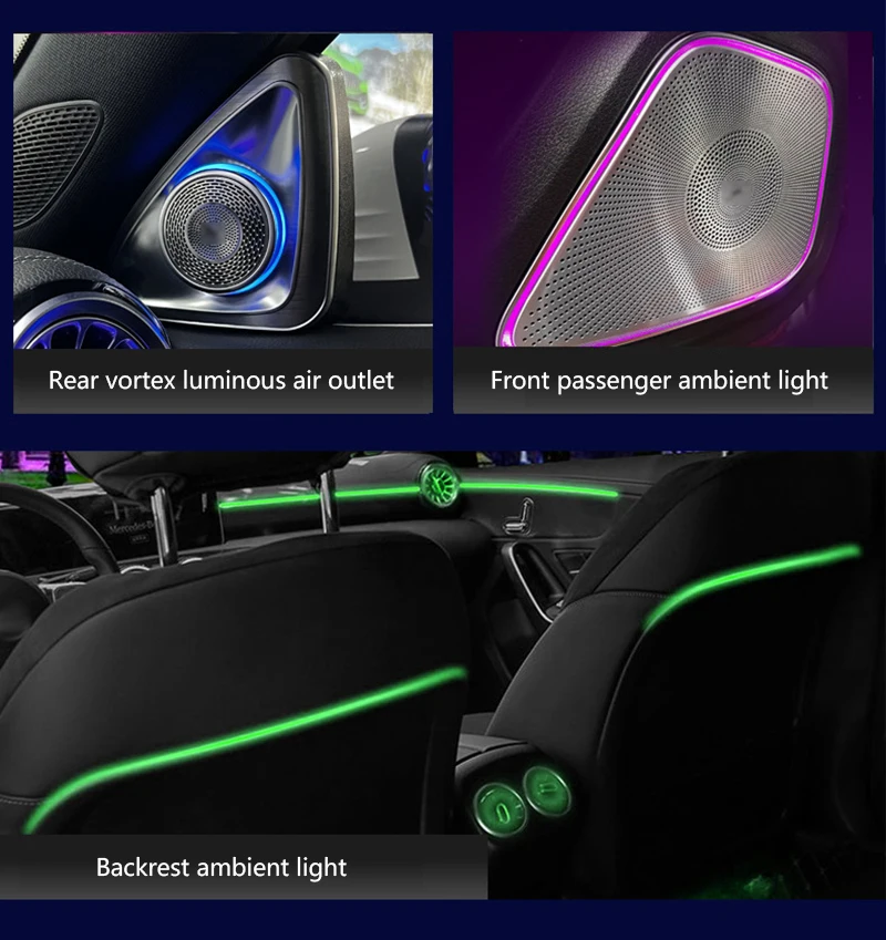 For Mercedes-Benz W177 W118 W247 A B Class GLA GLB CLA 64 Color Car Refit LED Ambient Light Air Vents Nozzle 4D Tweeter Speaker