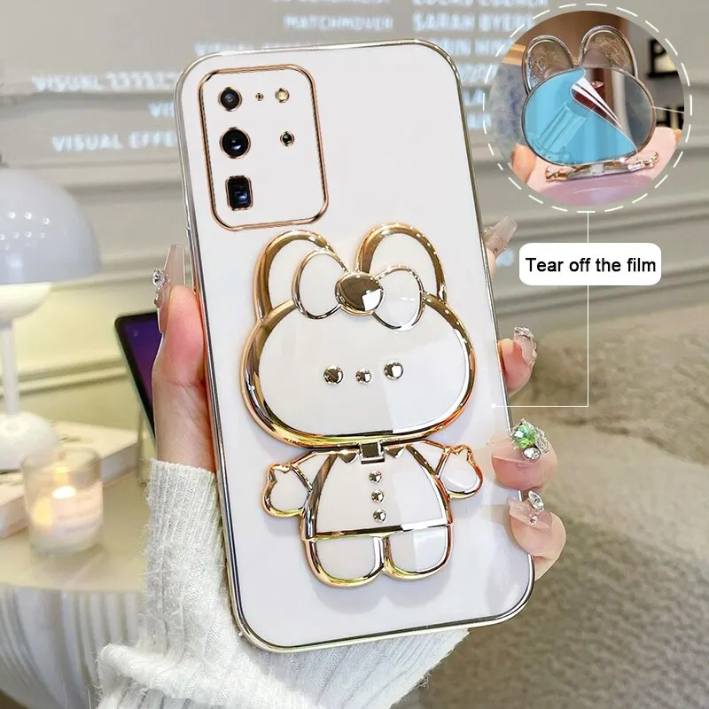 Makeup Mirror Phone Case For Samsung Galaxy S20 Ultra Plating Cartoon Rabbit Folding Bracket Phone Protection Case Cover