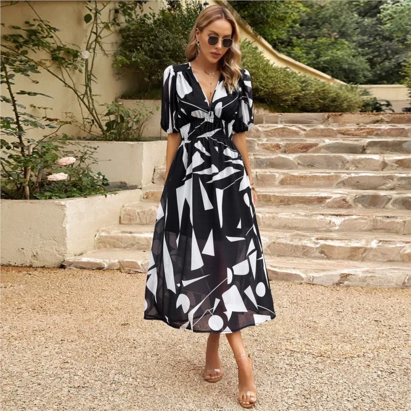 2025 Elegant High Quality Design summer long Dress Waist Cinching V-neck Print Elastic Waist Maxi Dresses for Women Clothing