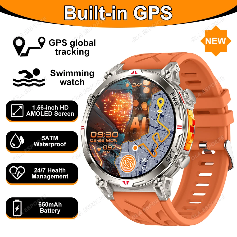 

GPS-трекер позиционирования, умные часы, AMOLED-экран, умные часы с беспроводным вызовом, IP68, водонепроницаемый компас, фитнес-часы, 107 спортивных режимов