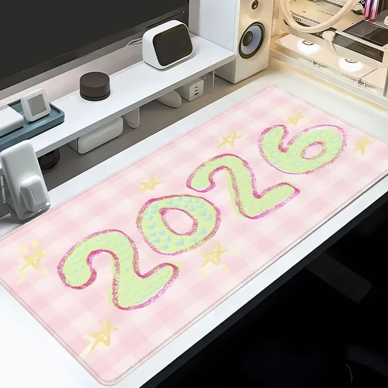 Alfombrilla de Ratón Extra Grande con Diseño de Estrella y Corazón en Verde y Rosa, 35x16 Pulgadas, Base de Goma Antideslizante, Borde Cosido, Ideal para Regalo