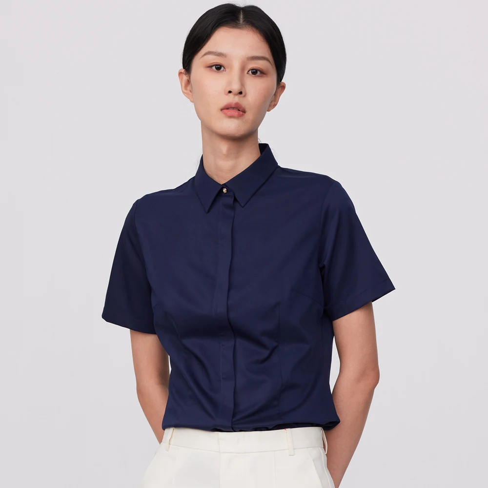 Women's Office Lady Short Sleeve Non-iron Blouses Shirt Without Pocket Hidden Buttons Placket Slim Slight Strech Female Shirts