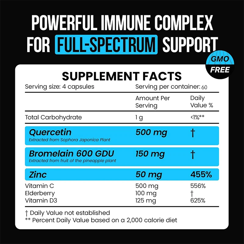 Quercetin supplement, containing elderberry, bromelain, 50 milligrams of zinc, antioxidant and immune health support,60 capsules