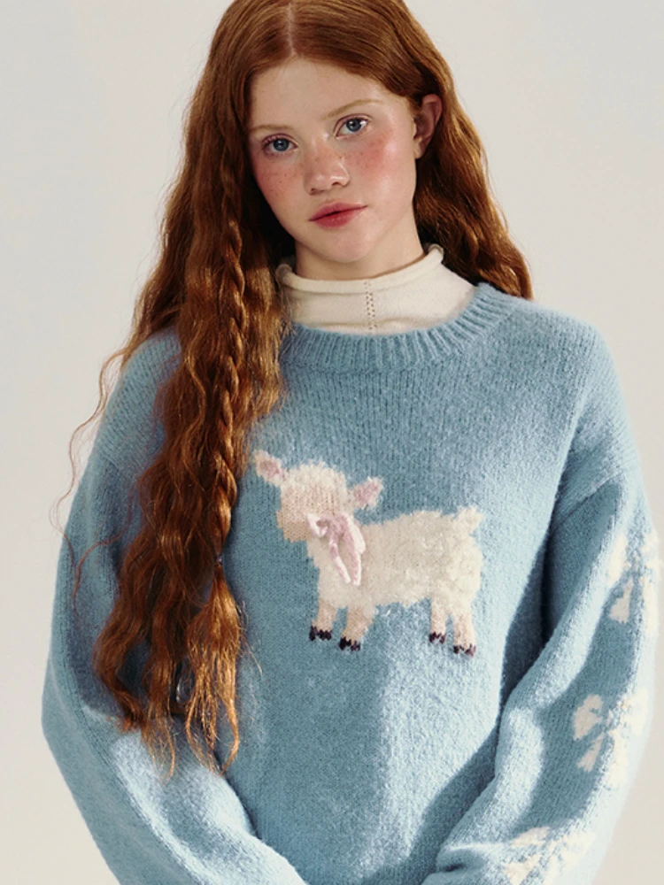 ADAgirl Blue Sheep Pattern Ribbed Sweater Bow Graphic Long Sleeve Knitwear Oversized Korean Fashion Winter Cutecore Pullovers