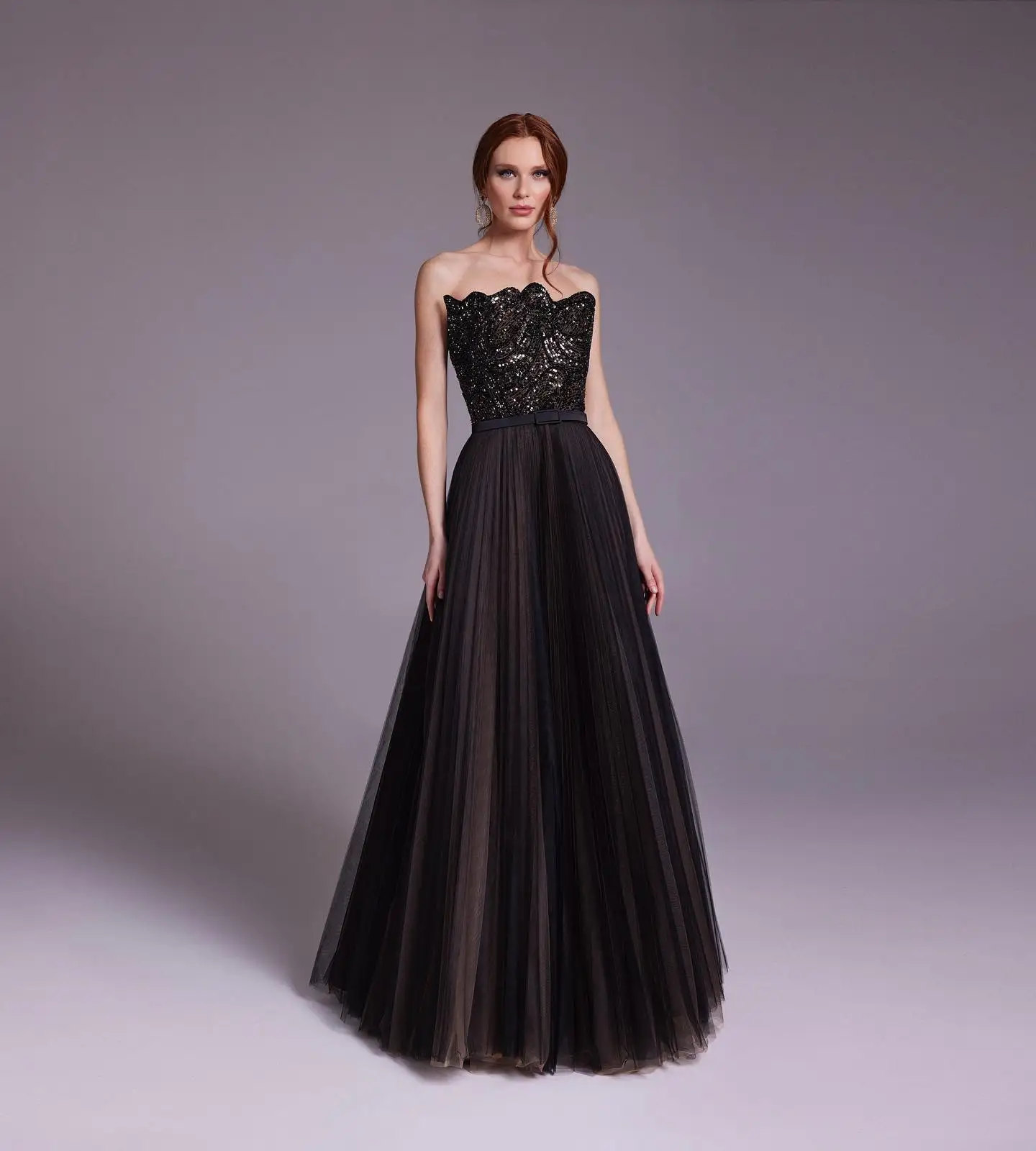 Customized Exquisite Strapless Sequined Belt Evening Dress Temperament Organza Pleats Sweep Train Photo Color Vestido De Festa