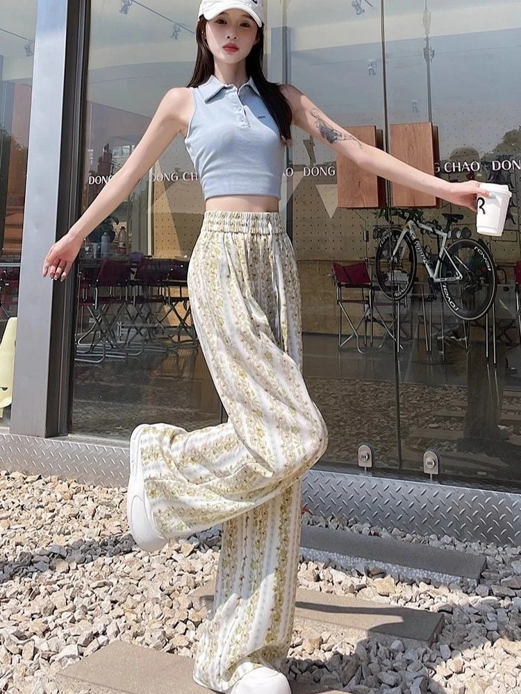 

Women's Floral Wide Leg Pants Summer 2026 New High Waist Loose Flowy Beach Trousers Sun Protection Casual Bottoms