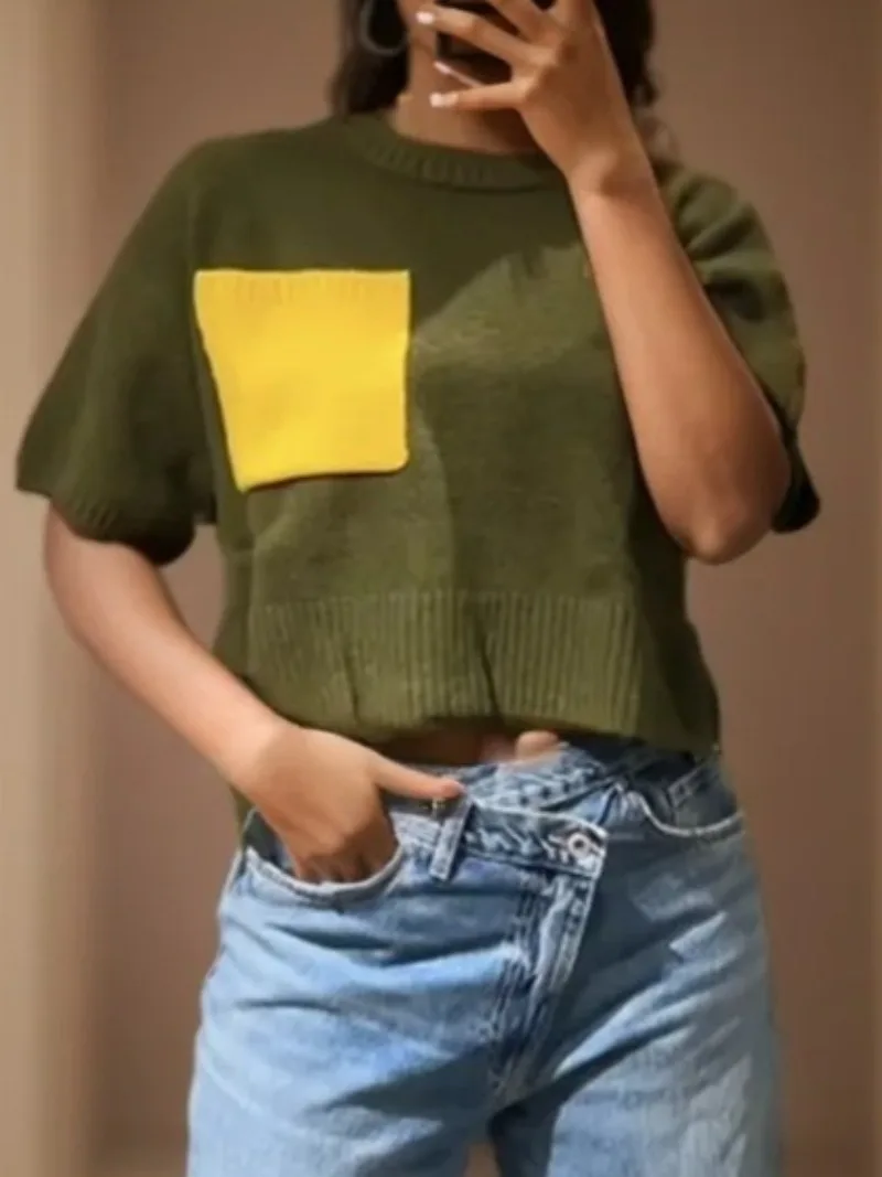 

Осенний вязаный свитер с карманами, пуловер для женщин, новинка 2025, модный повседневный винтажный свитер с короткими рукавами и круглым вырезом