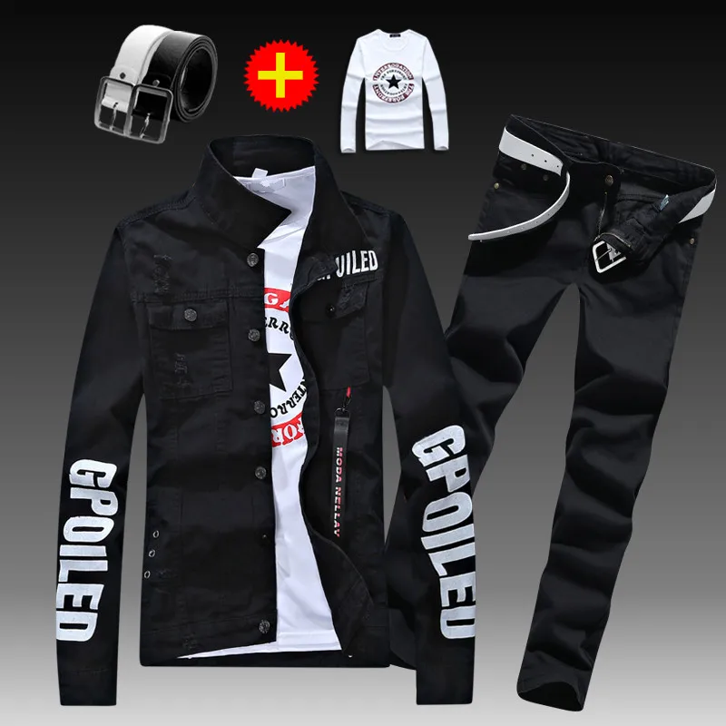 Men\'s Slim Fit Denim Jacket Pants 2pcs Set Long Sleeve Coats Letters Printed Casual Large Size Black White Red Boys Trousers