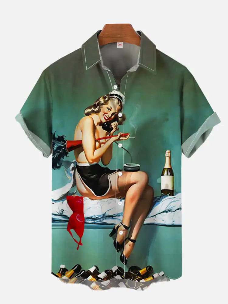 1980s Vintage Pin Up Girl Poster Sexy Girls Blonde Beauty 3D Prints Men\'s Short Sleeved Shirts For Men Fashion Hawaiian Shirt