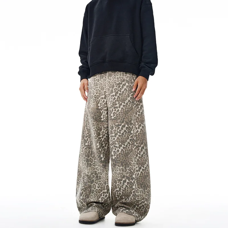 メンズジーンズ アメリカンヴィンテージスタイル ヒョウ柄 ワイドレッグデニムパンツ ルーズフィット カジュアル レトロ ストリートウェア ファッション Y2K トレンド ストリートクール