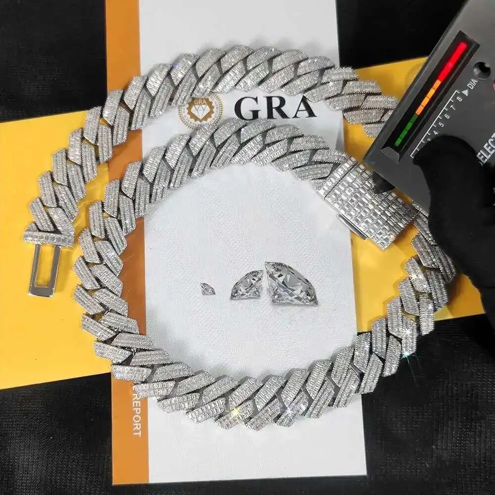 

20 мм на заказ стерлингового серебра 925 пробы ювелирные изделия в стиле хип-хоп массивные кубинские звенья цепи для мужчин и женщин Iced Out багет с бриллиантами изысканные ожерелья