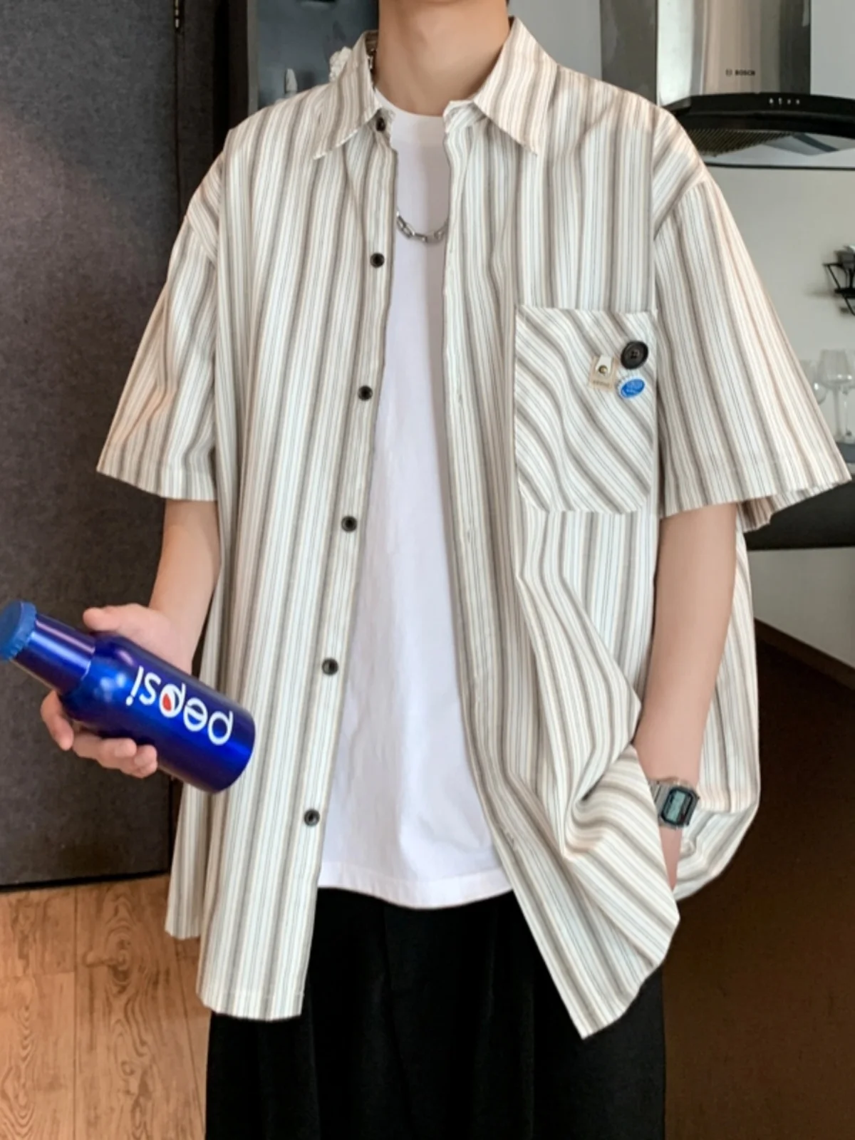 

Ретро-японская рубашка в полоску с коротким рукавом, повседневная, мужская, летняя, модная, в гонконгском стиле, молодежная, тонкая верхняя одежда, куртка