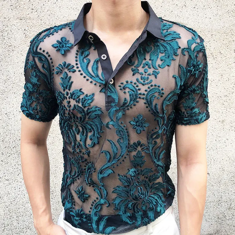 Masculine Soft Velvet Slim Men\'s Clothing Nightclub Short-sleeved Sexy Polo Transparent Blue Retro Court Floral Polo See Through