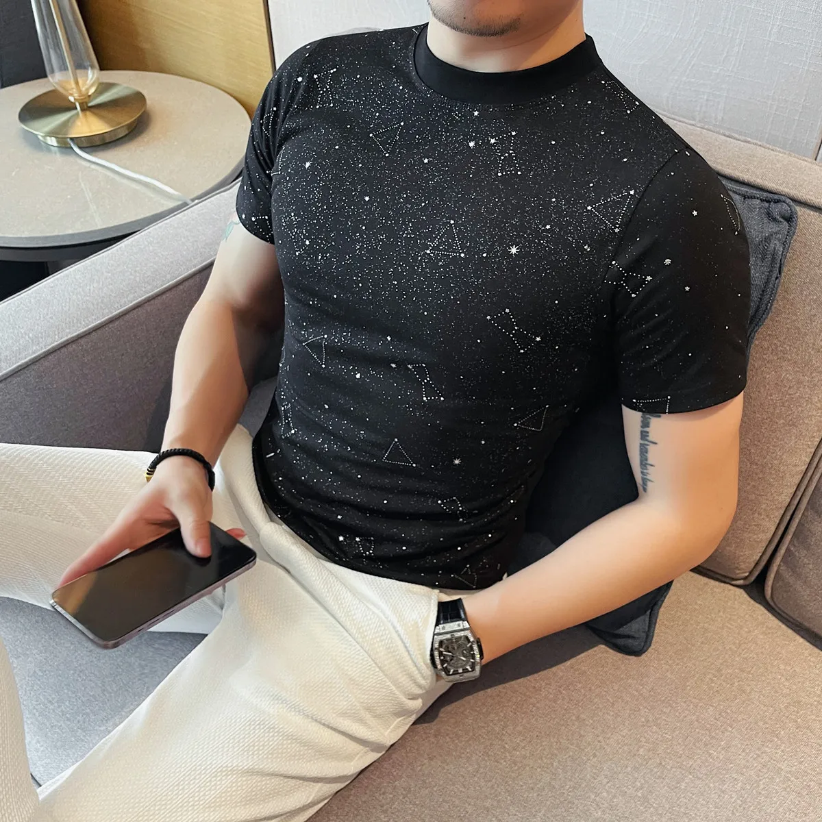 Summer Men Powder Coated  T Shirts Fashion O-Neck Short Sleeve Short Sleeve Casual Breathable Tee Shirt Men's Clothing 4XL-M