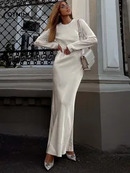 Oymimi Fashion Beige Slim Womens Dresses Elegant O-Neck Long Sleeve Simple Dresses Casual New Straight Floor-Length Dress Female