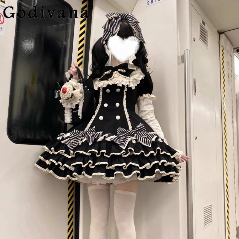 

Gothic Black Dress Splicing Sleeve Set Japanese Girl's Sweet Cute Bow Pink Lolita Princess Dress Lori Y2k Short-sleeved Dress Op