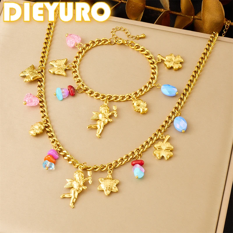 

DIEYURO 316L Stainless Steel Golden Angel Cupid Butterfly Crystal Necklace Bracelet Set Women New Waterproof Jewelry Gift Set