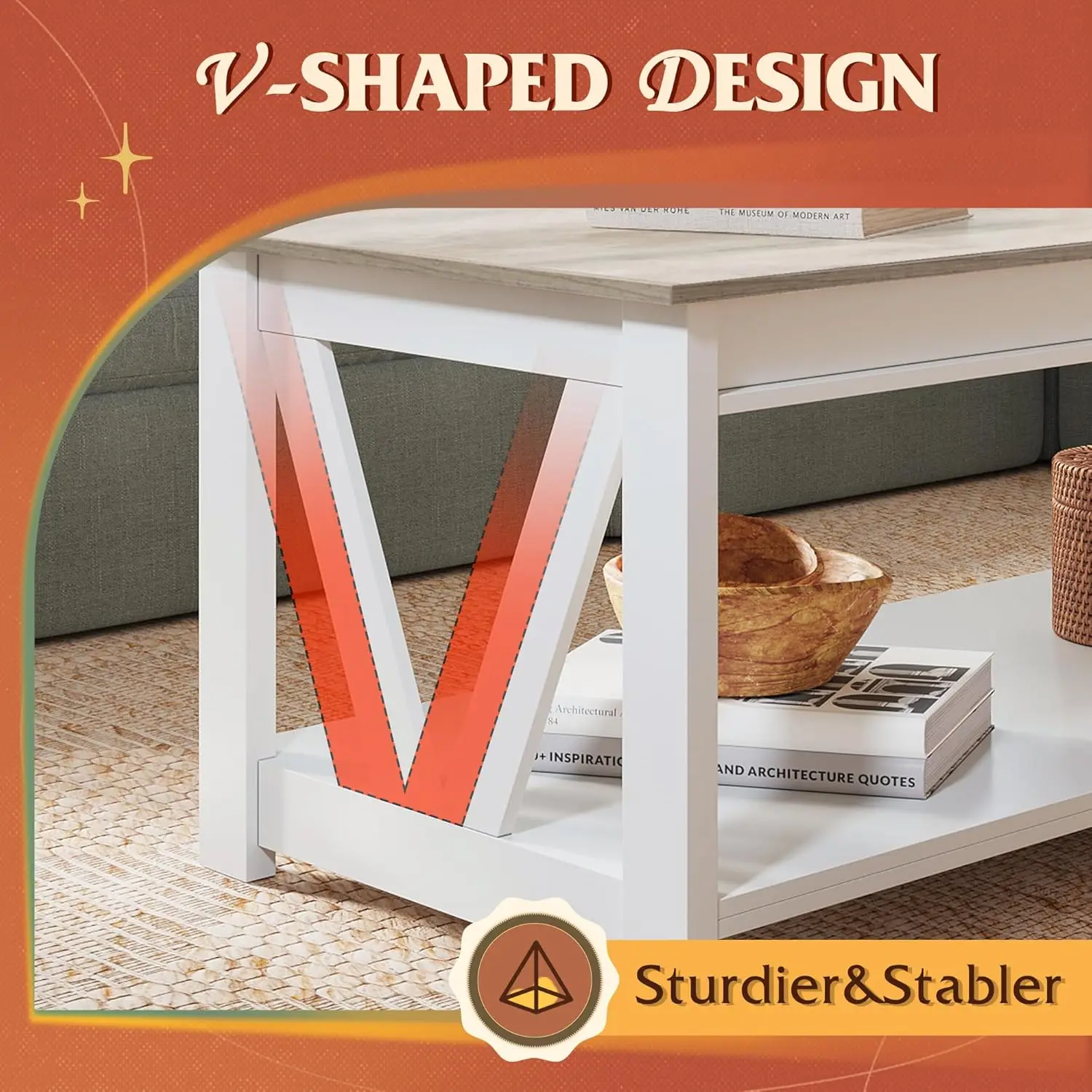 Coffee Table, 43" Farmhouse Coffee Table With Storage Shelf & Sturdy V-Shaped Support, Wood Center Table For Living