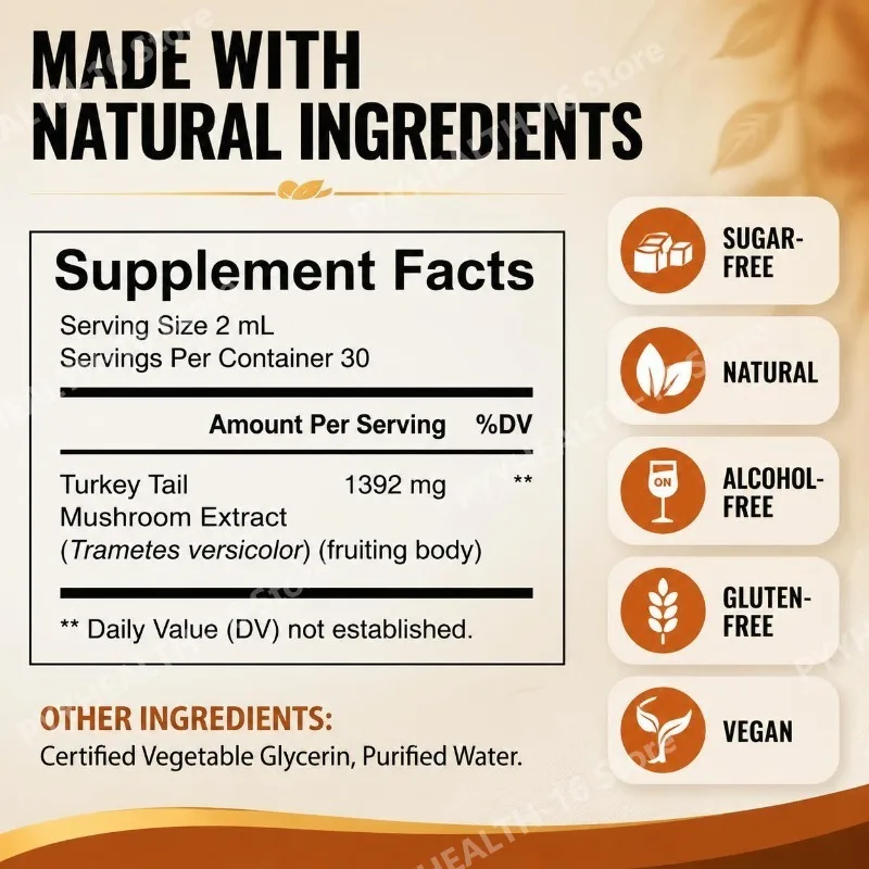 Lenm Turkey Tail Mushroom Liquid Drops Immune Support with Fruiting Body Extract Vegan Sugar-Free Gluten-Free 60ML 30 Servings