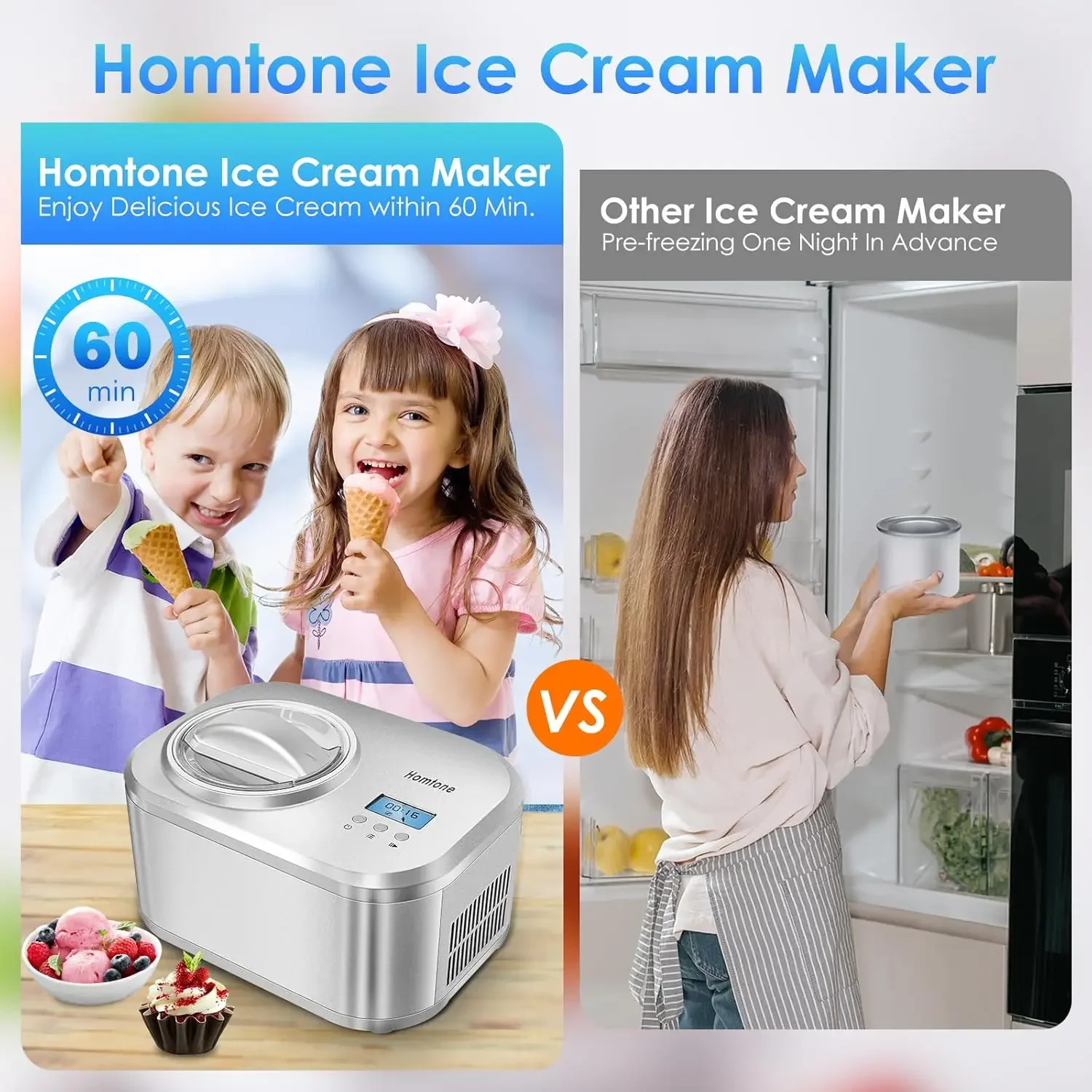 Ice Cream Maker 1 Quart, No pre-Freezing Automatic Ice Cream Yogurt Machine with Built-in Compressor and LCD Timer for Making Ic