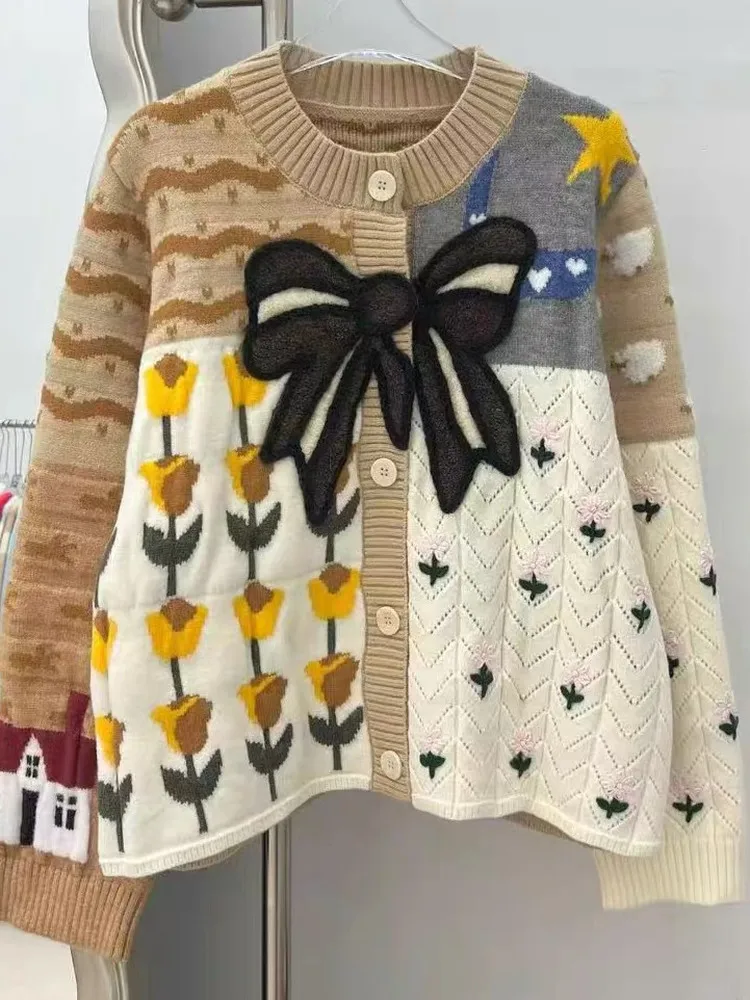 

Элегантный женский кардиган в европейском стиле с круглым вырезом, вязаный, с цветочным узором, с узлом, в стиле колор-блок, с длинными рукавами