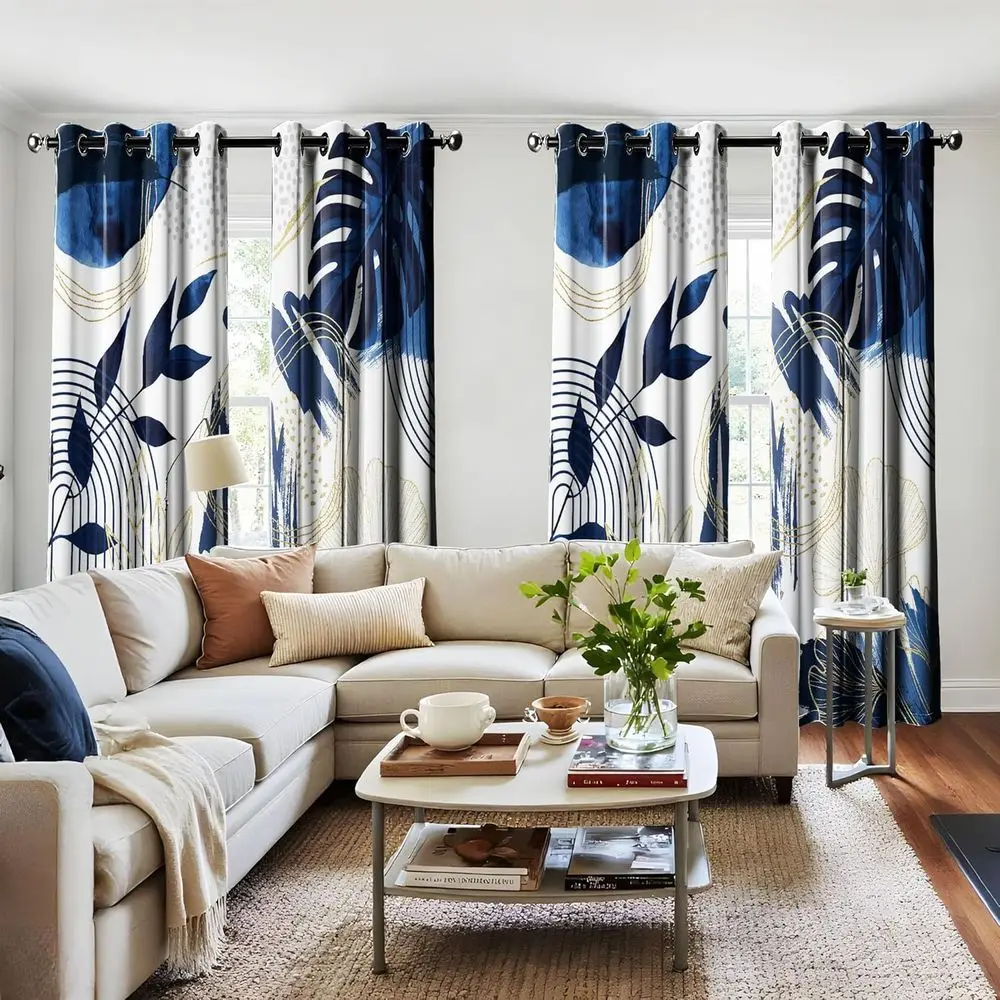 ستائر النخيل الحديثة باللونين الأزرق الداكن والأبيض في منتصف القرن، طراز بوهو، 96 طول، 2 لوحة، 52x96