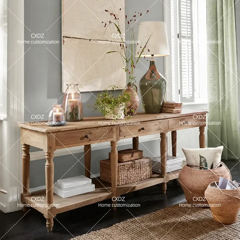 American Style Solid Wood Porch Cabinet Entryway Partition Shelf Retro Living Room Dining Sideboard Storage Console Table
