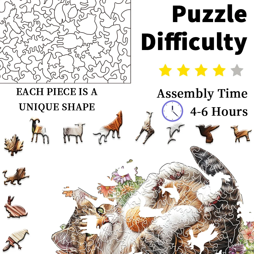 Cat Wooden Puzzle : Irregular Animal Shapes, Mixed Color Plywood – Adult Puzzle Game, Home Decor & Party Gift – Relaxing Brain T