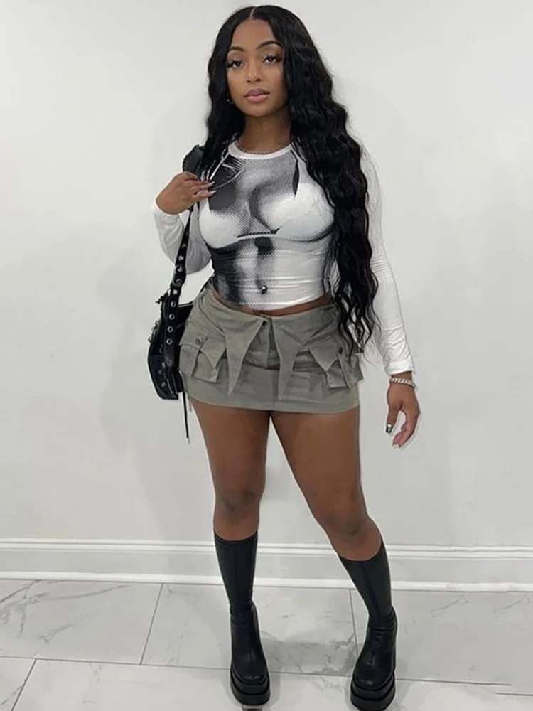 تي شيرت نسائي قصير مطبوع عليه الجسم لخريف وربيع Y2K موضة كورية بأكمام طويلة ورقبة دائرية تي شيرت ضيق ملابس الشارع