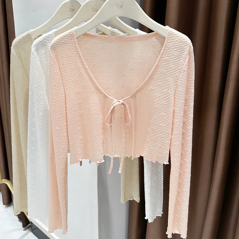 

Knitted Cardigan Women's Solid Long Sleeve V Neck Short Sweater Top Summer 2025 New Female Crochet Casual Outwear