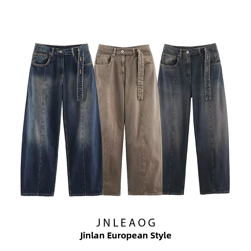 Fashionable Low Waist Barrel Shaped Denim Jeans Women's Autumn New Style Versatile French Style Polyester Ladies Jeans