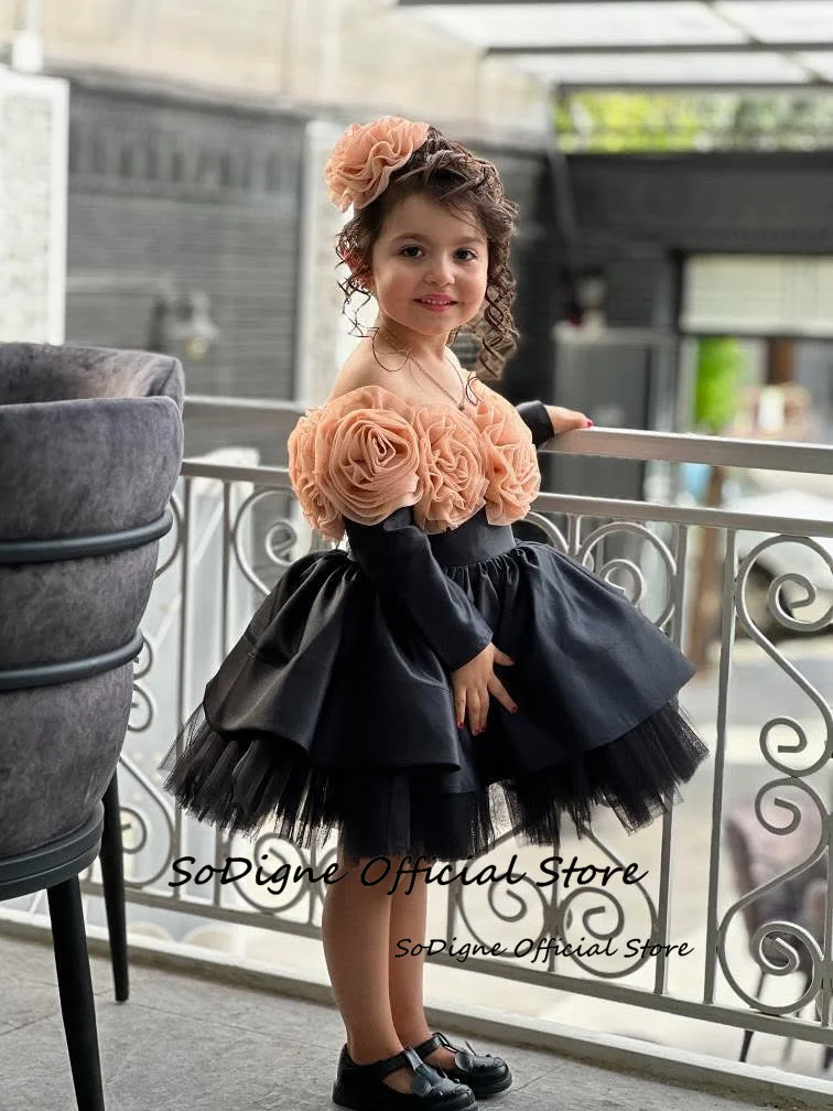 SoDigne 3D-Blume, A-Linie, Satin/Tüll, Blumenmädchenkleid, schulterfrei, kurz, 2026, Mädchenrock, Partykleider, Kinderkleid, individuell