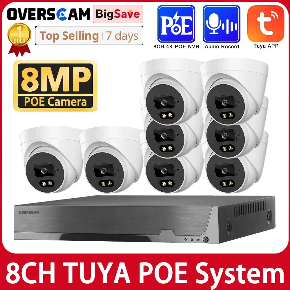 4K 8MP HD Tuya Smart Life POE NVR CCTV System 8CH Audio Record Kit Oudoor Night Vision IP Security Camera Video Surveillance Kit