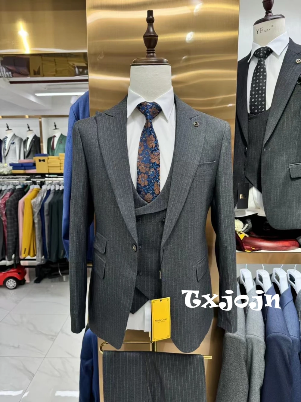 Ternos listrados masculinos da moda, 3 peças, blazer, colete, calças para festa formal, elegante, lapela, smoking, casamento, noivo, personalizado