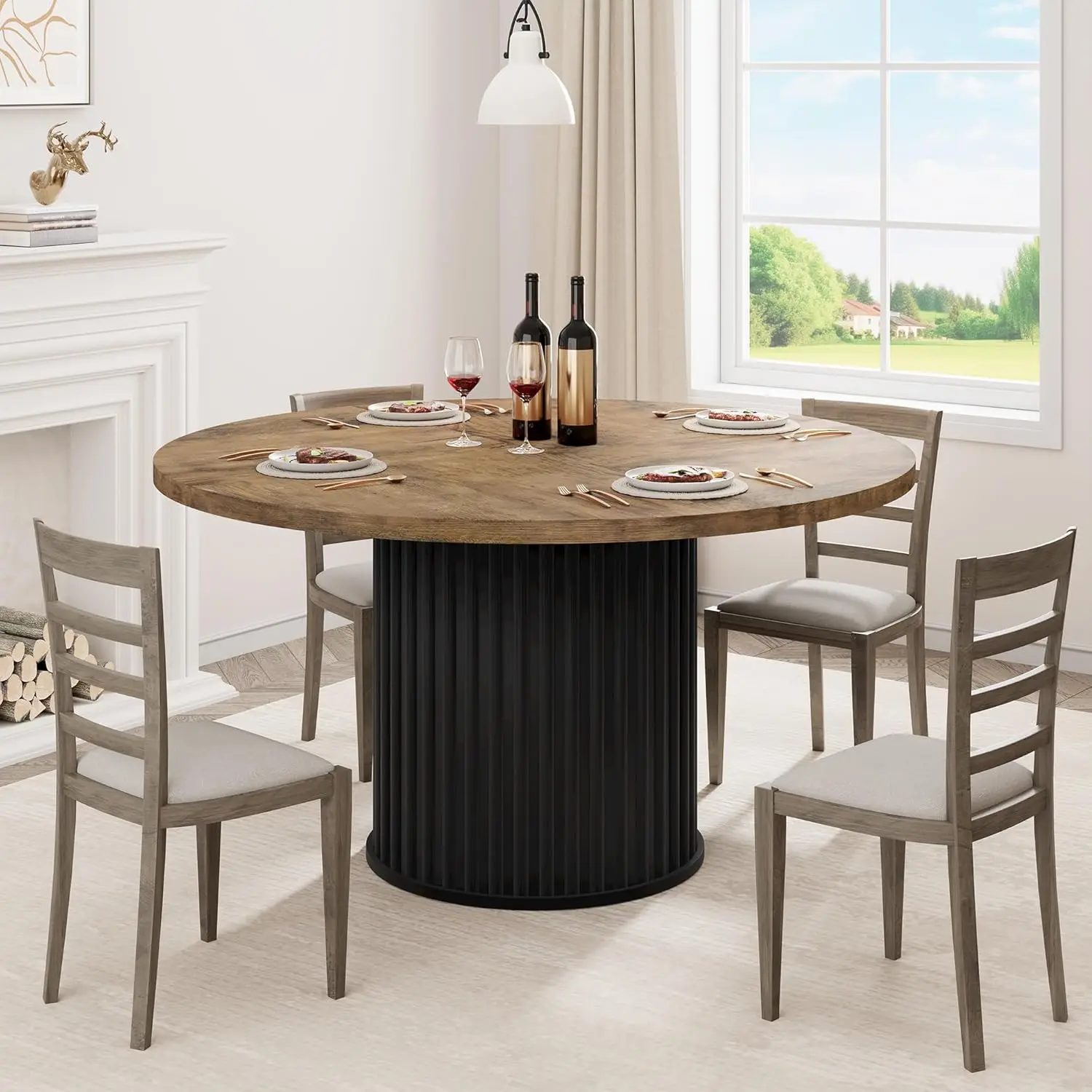 Mesa de comedor redonda de 47" para 4-6 personas, con base de pedestal de metal de forma ondulada resistente, mesa de cocina circular de granja