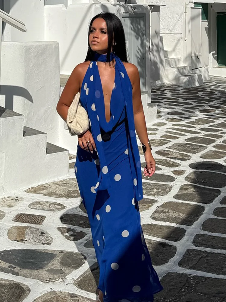 HH dames zomer strandstijl lange jurk stippen swingende kraag rugloze rits vrouwelijke mode sexy mouwloze jurken trendy