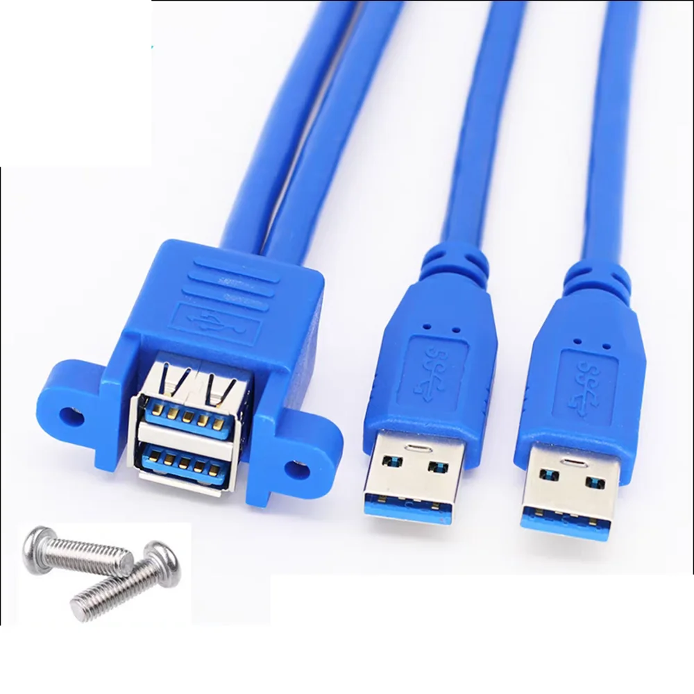 

Double port USB 3.0 male to female extension cable with screw holes on the lower layer, 2-port data cable can be fixed at 0.3m,