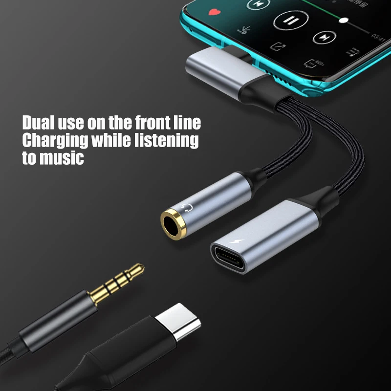 Typec To 3.5mm Headphone Adapter Fast Charging 2-in-1 Conversion DAC Decoder For Mobile Phones And Computers