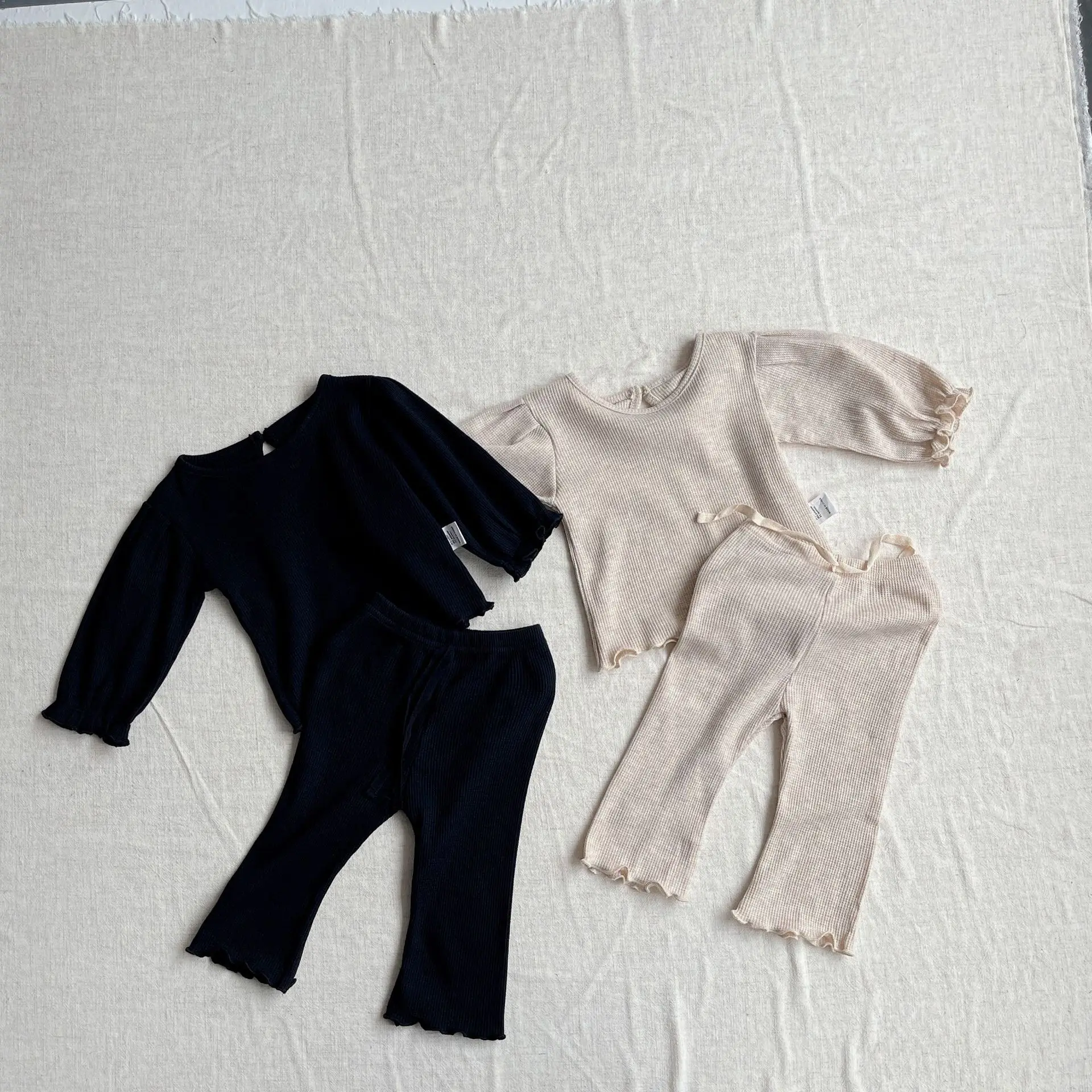 2026 Spring New Baby Long Sleeve Clothes Set Girls Waffle Long Sleeve T Shirts + Flared Pants 2pcs Suit Infant Toddler Outfits